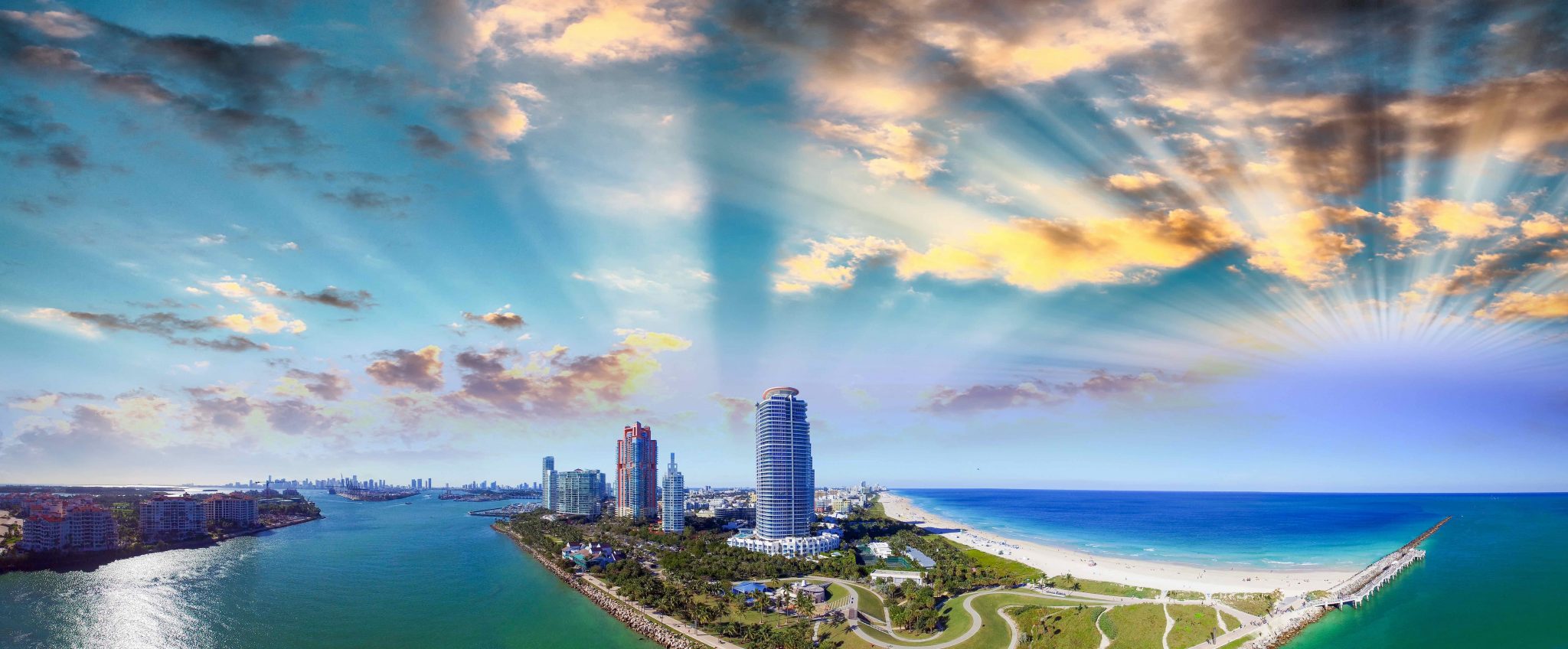Miami Beach sunset skyline from South Pointe Park, Aerial view – Florida, USA